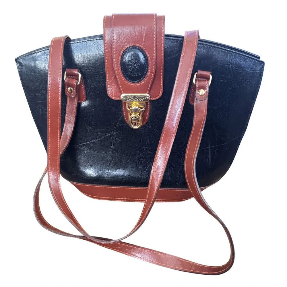 Vintage Chiltern Satchel Tote Black Brown Leather Handbag 10.5x15x10x4.5 EUC 90s